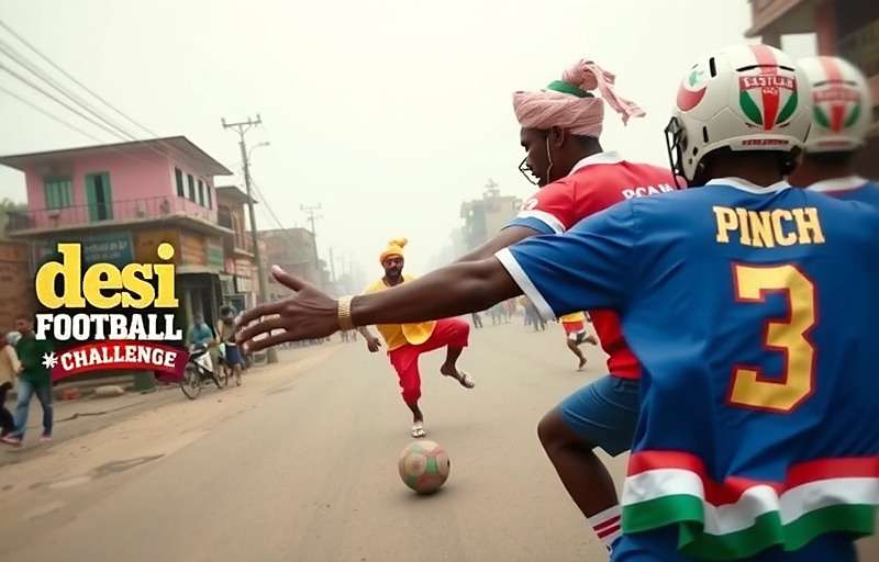 Desi Football Challenge game cover showing Indian street football scene with players in traditional attire