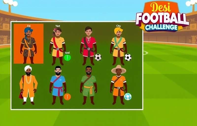 Desi Football Challenge character customization screen showing various traditional Indian outfits and accessories