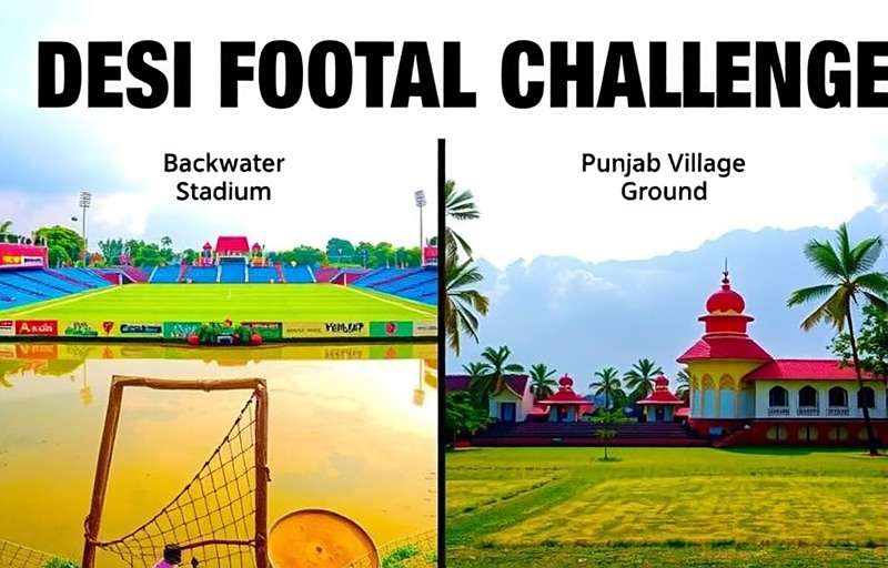 Desi Football Challenge regional variations showing different Indian locations including a Kerala backwater stadium and a Punjab village ground