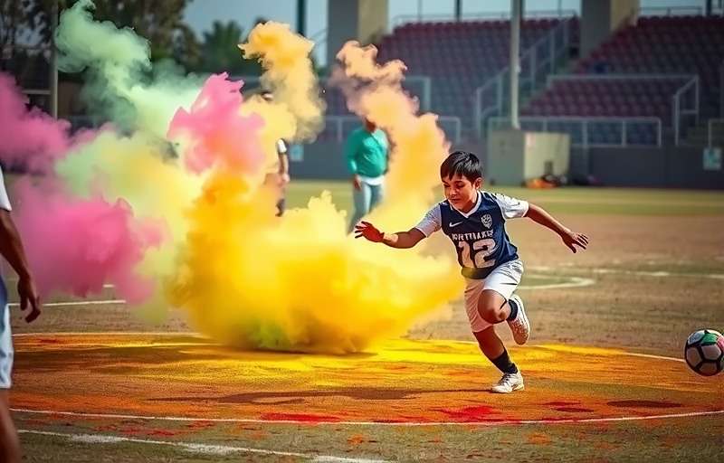 Desi Football Challenge Holi event celebration with players covered in colored powder after scoring a goal